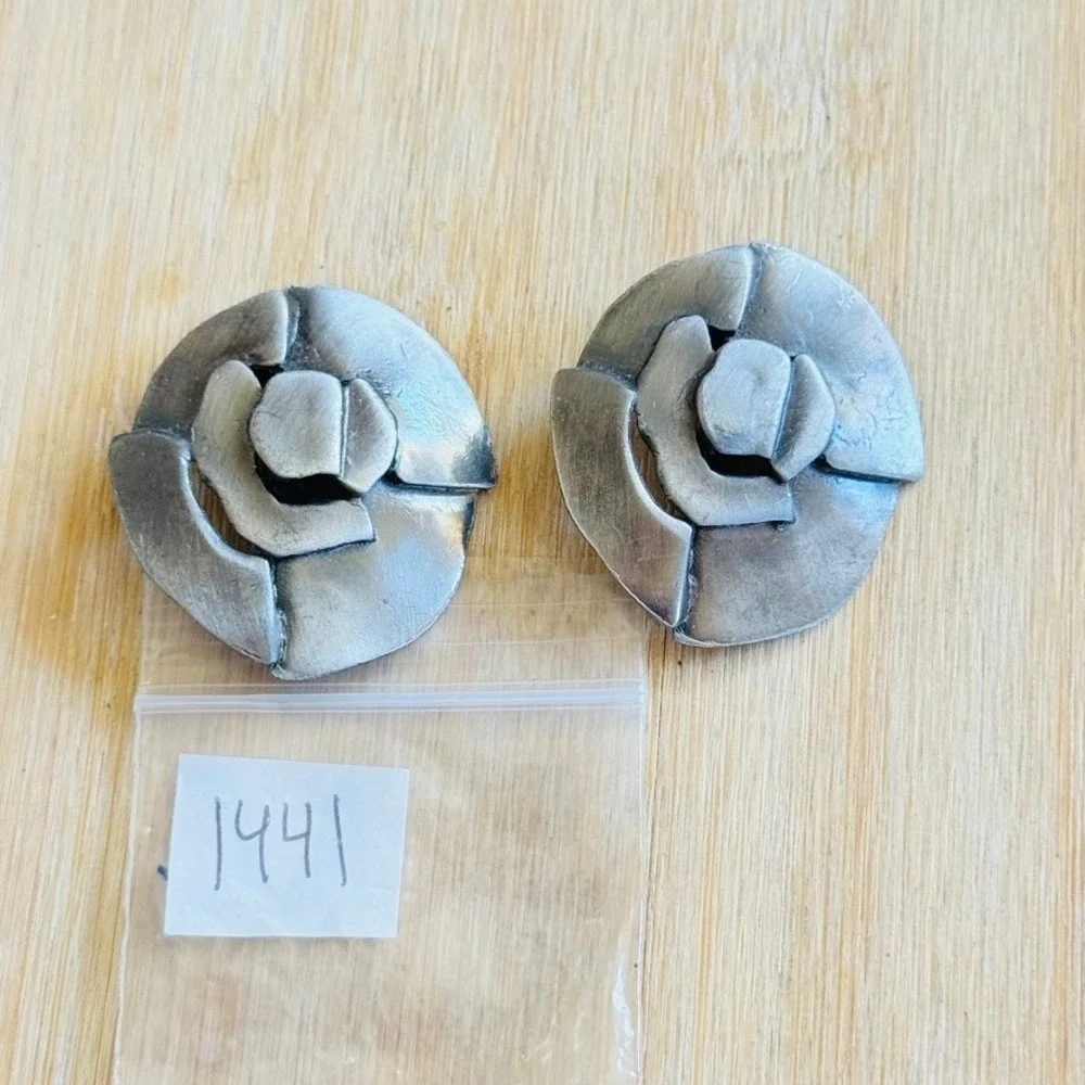 VTG Chunky Sculptural Earrings Silver Modernist Chunky Statement Round Clip 80s